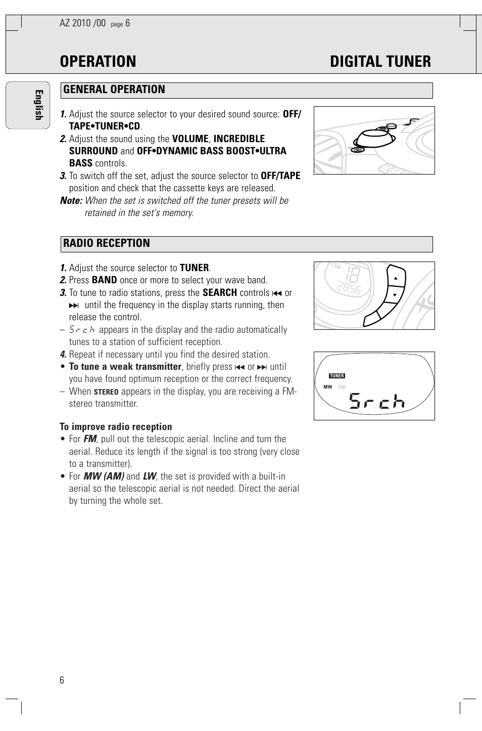 Operation digital tuner, Radio reception general operation, Mw (am) | Adjust the source selector to tuner, Press band once or more to select your wave band, 6english | Philips AZ2010-17 User Manual | Page 6 / 115