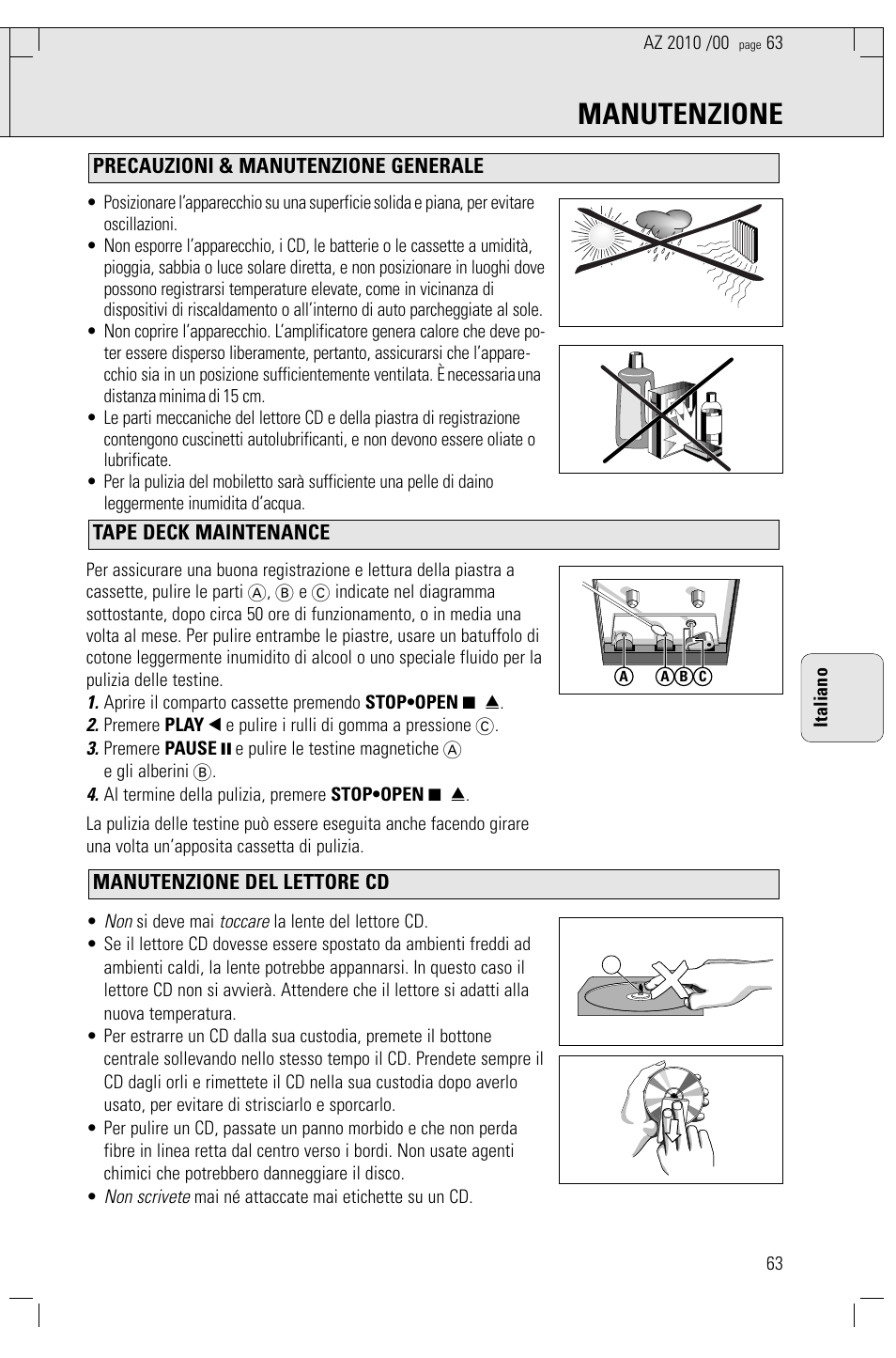 Manutenzione | Philips AZ2010-17 User Manual | Page 63 / 115