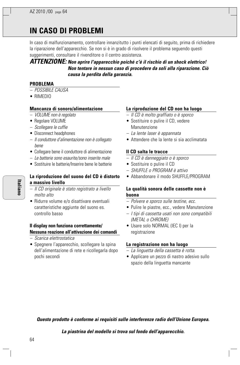 Attenzione | Philips AZ2010-17 User Manual | Page 64 / 115