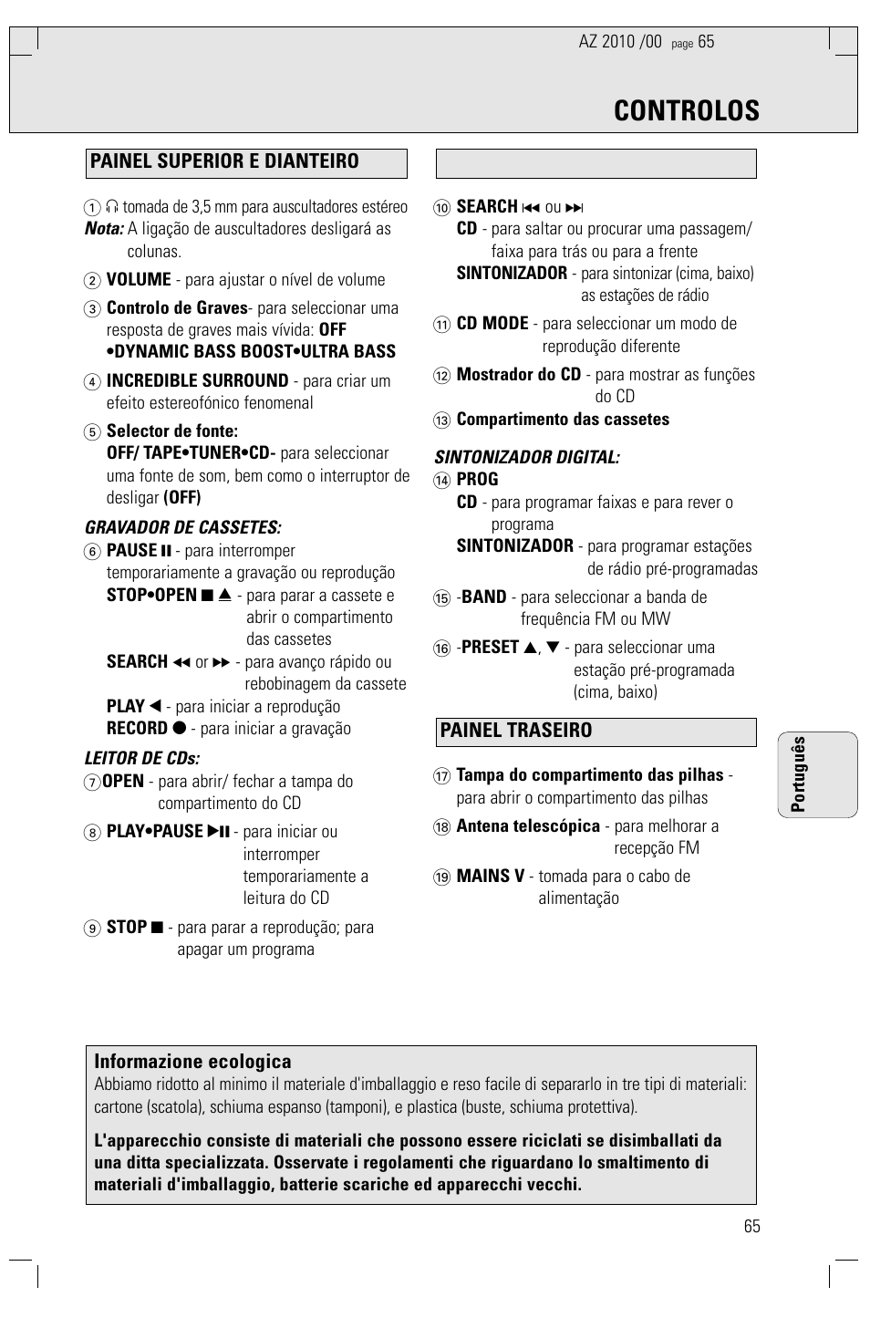 Controlos | Philips AZ2010-17 User Manual | Page 65 / 115