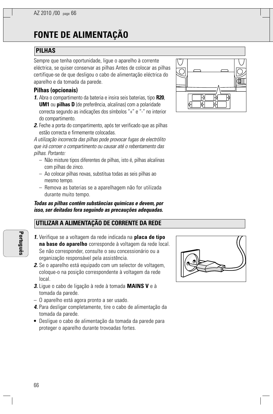 Fonte de alimentação | Philips AZ2010-17 User Manual | Page 66 / 115