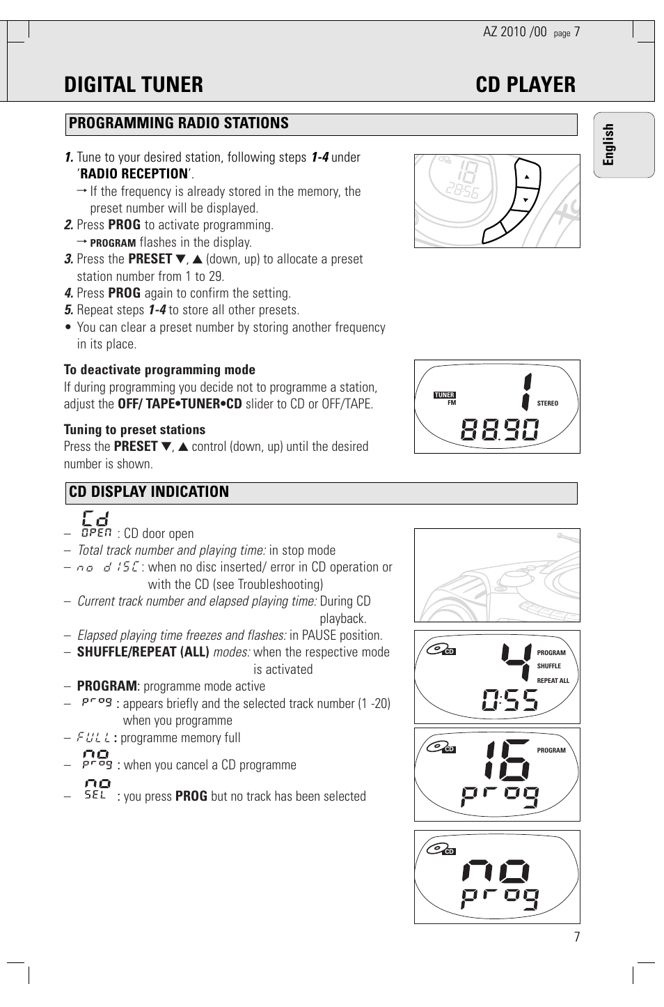 Digital tuner cd player, Cd display indication programming radio stations, Total track number and playing time | Current track number and elapsed playing time, Elapsed playing time freezes and flashes, Modes, Tune to your desired station, following steps, Press prog to activate programming, Flashes in the display, Press prog again to confirm the setting | Philips AZ2010-17 User Manual | Page 7 / 115