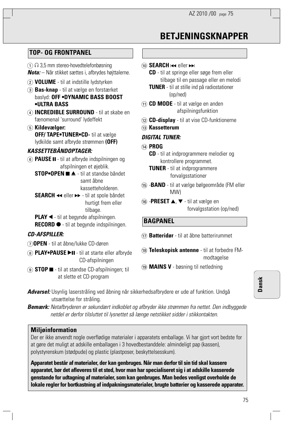 Betjeningsknapper | Philips AZ2010-17 User Manual | Page 75 / 115