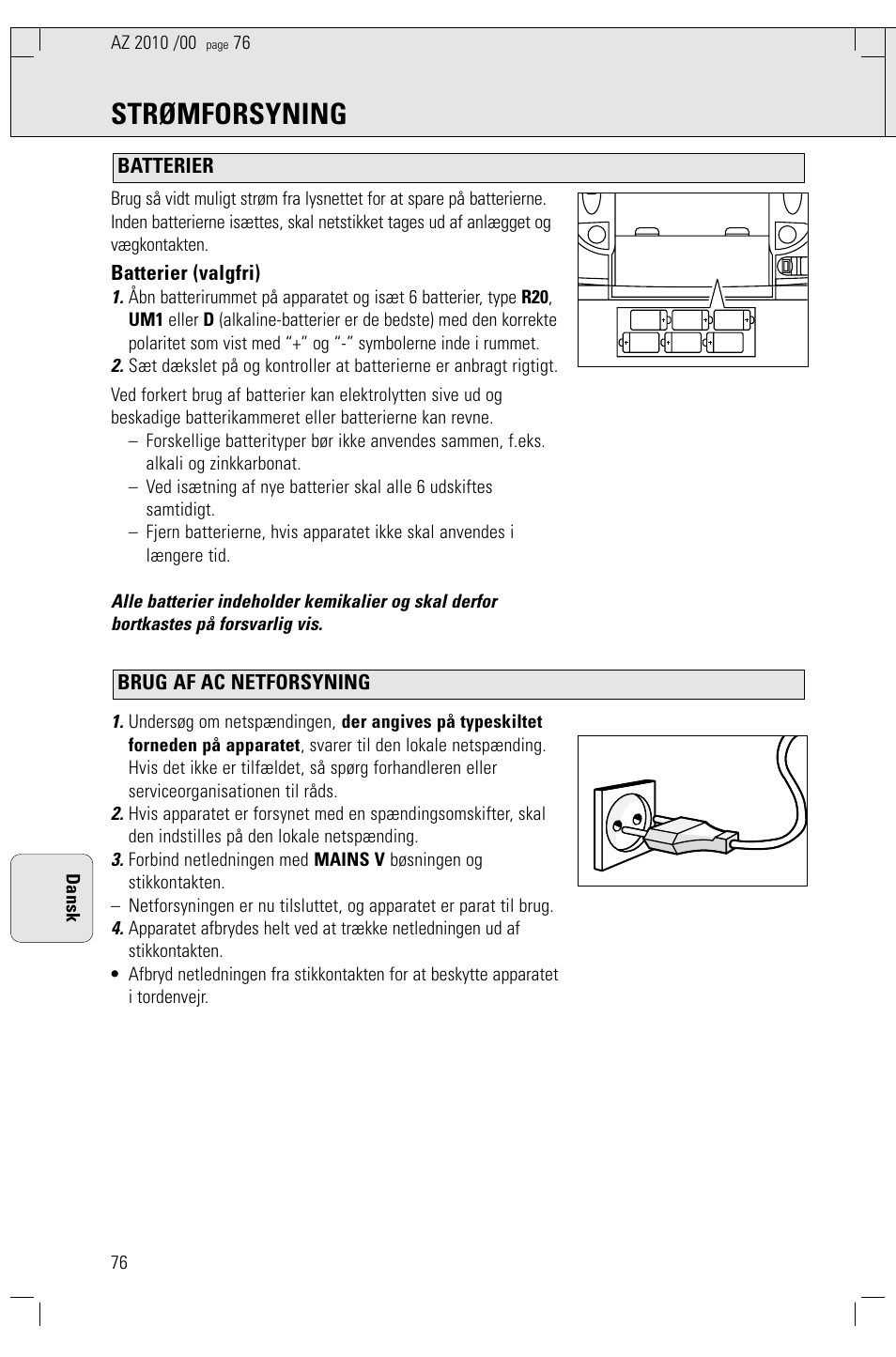 Strømforsyning | Philips AZ2010-17 User Manual | Page 76 / 115