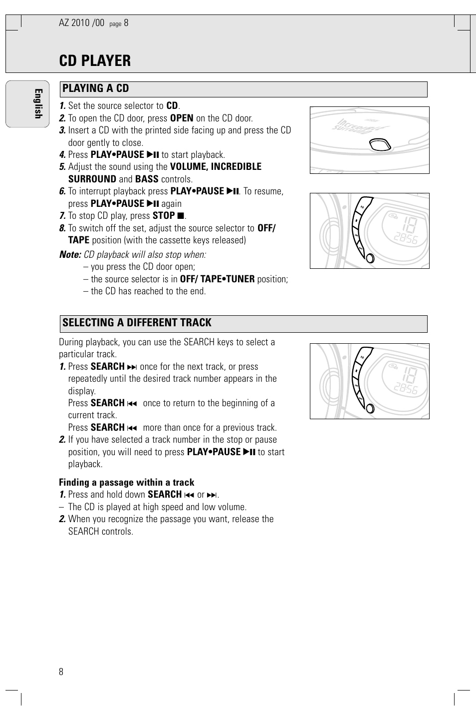 Cd player, Selecting a different track playing a cd, Set the source selector to cd | Press play•pause 2; to start playback, 8english | Philips AZ2010-17 User Manual | Page 8 / 115