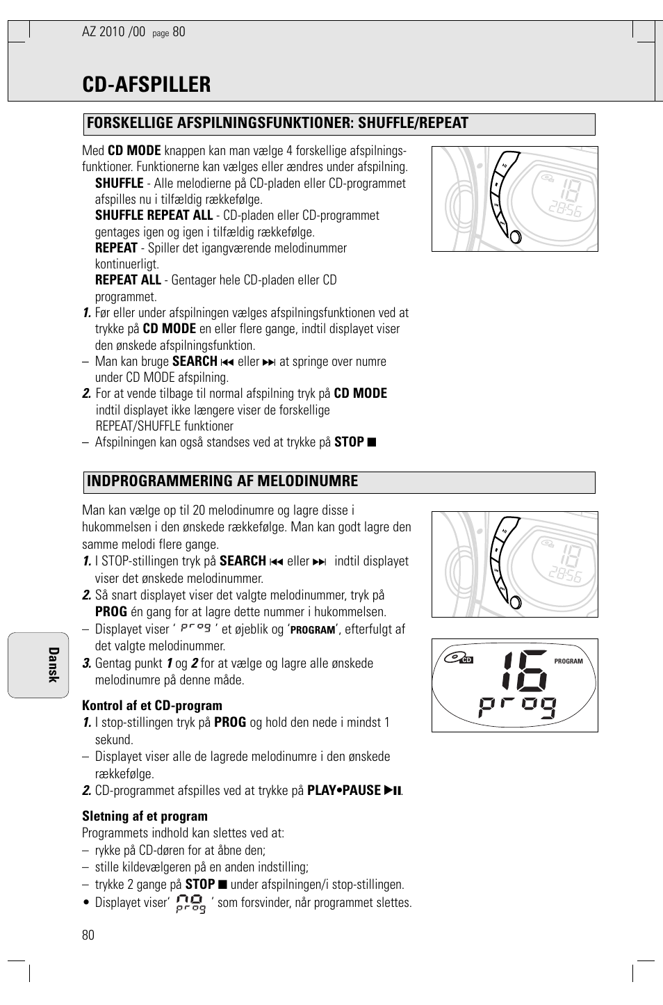 Cd-afspiller, Efterfulgt af det valgte melodinummer, Gentag punkt | 80 dansk | Philips AZ2010-17 User Manual | Page 80 / 115