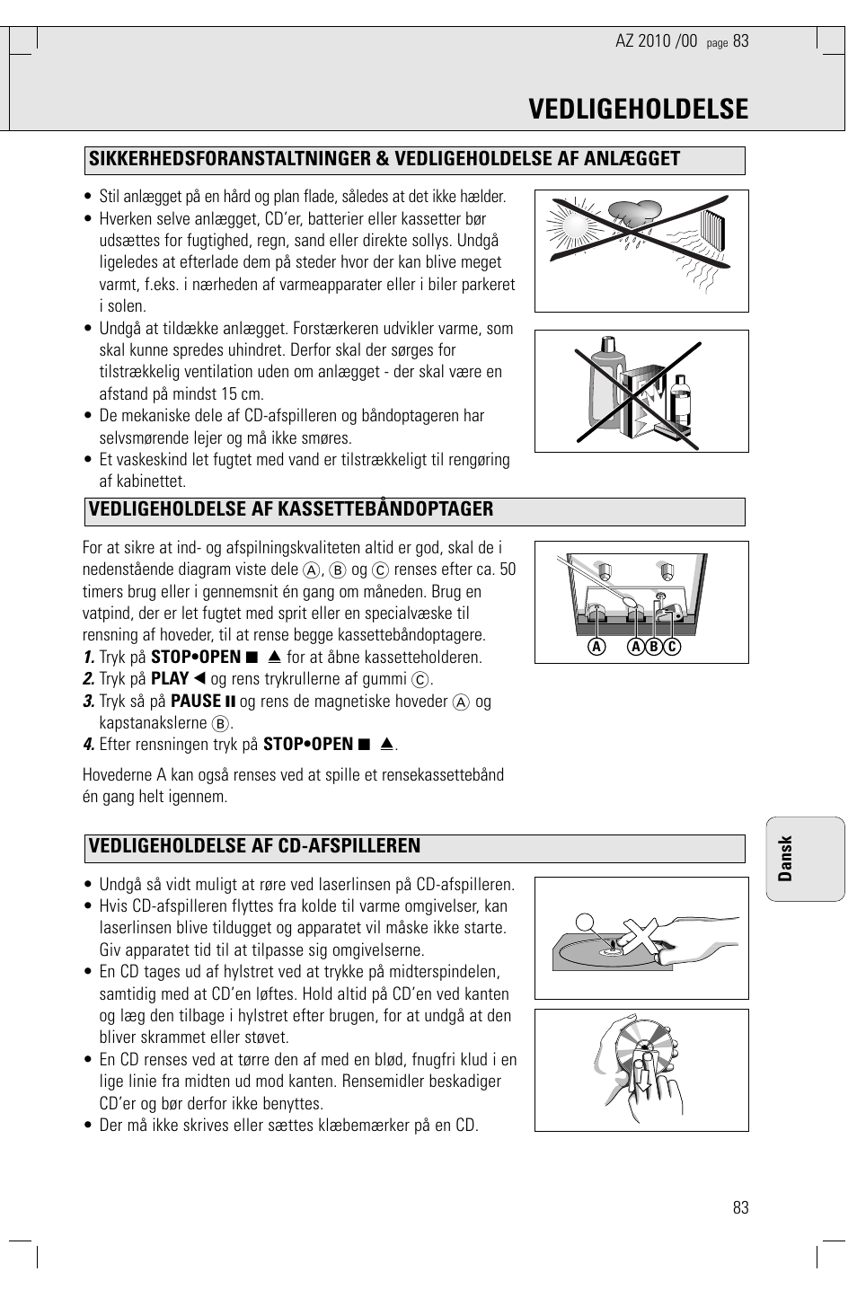 Vedligeholdelse | Philips AZ2010-17 User Manual | Page 83 / 115