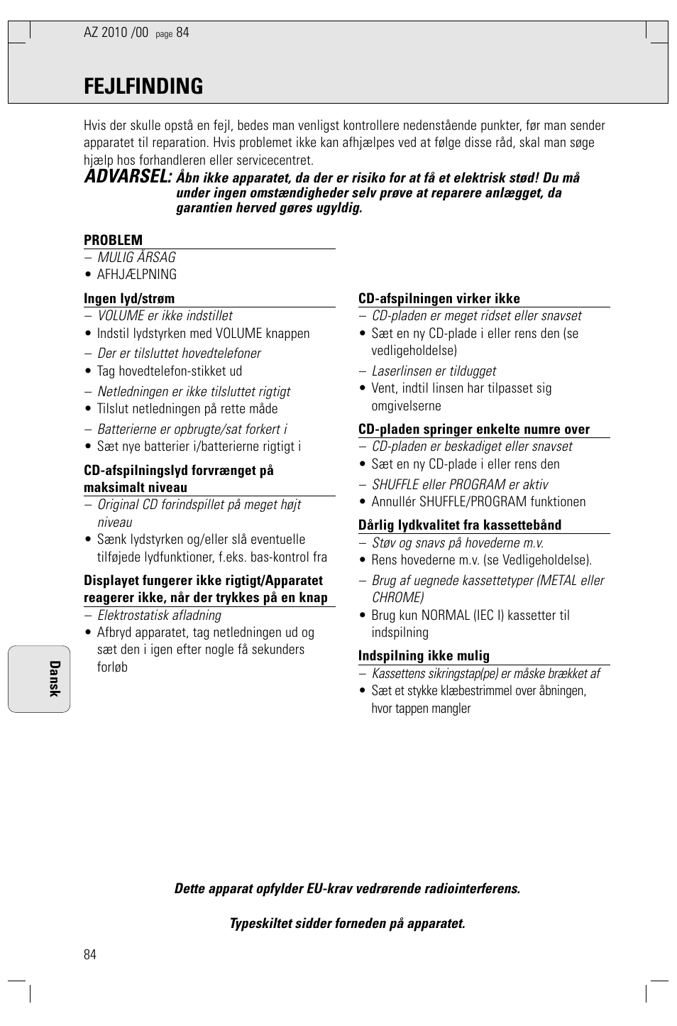 Fejlfinding, Advarsel | Philips AZ2010-17 User Manual | Page 84 / 115