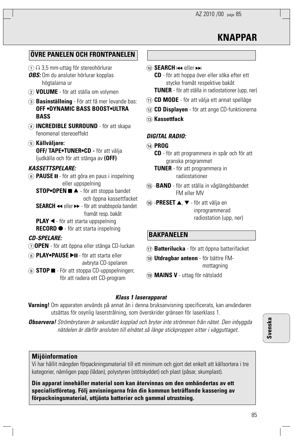 Knappar | Philips AZ2010-17 User Manual | Page 85 / 115