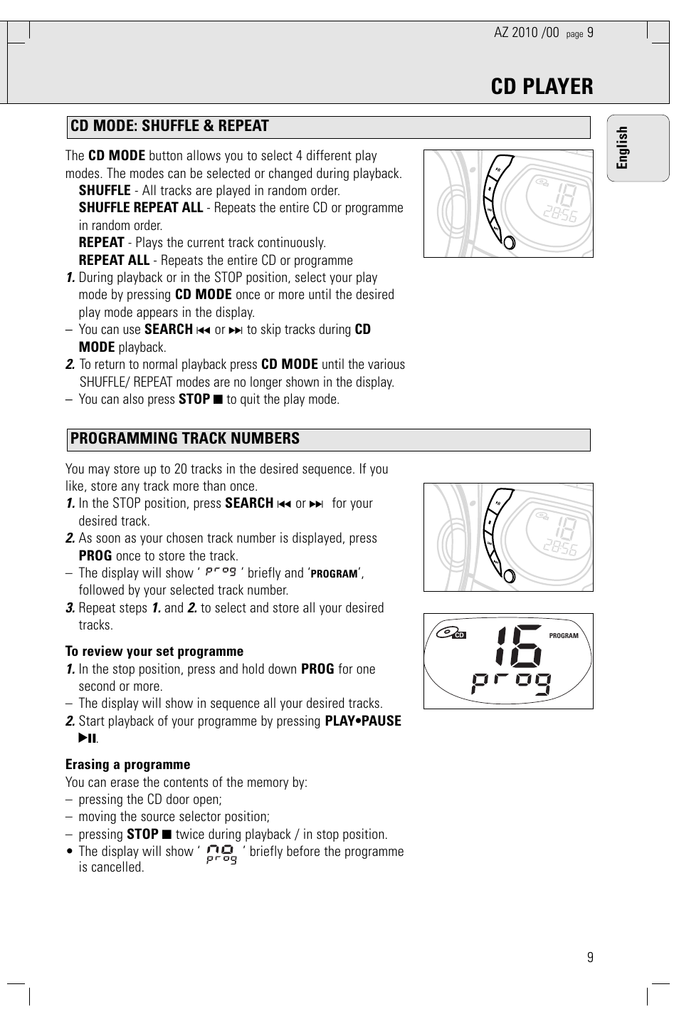 Cd player, Followed by your selected track number, Repeat steps | 9english | Philips AZ2010-17 User Manual | Page 9 / 115