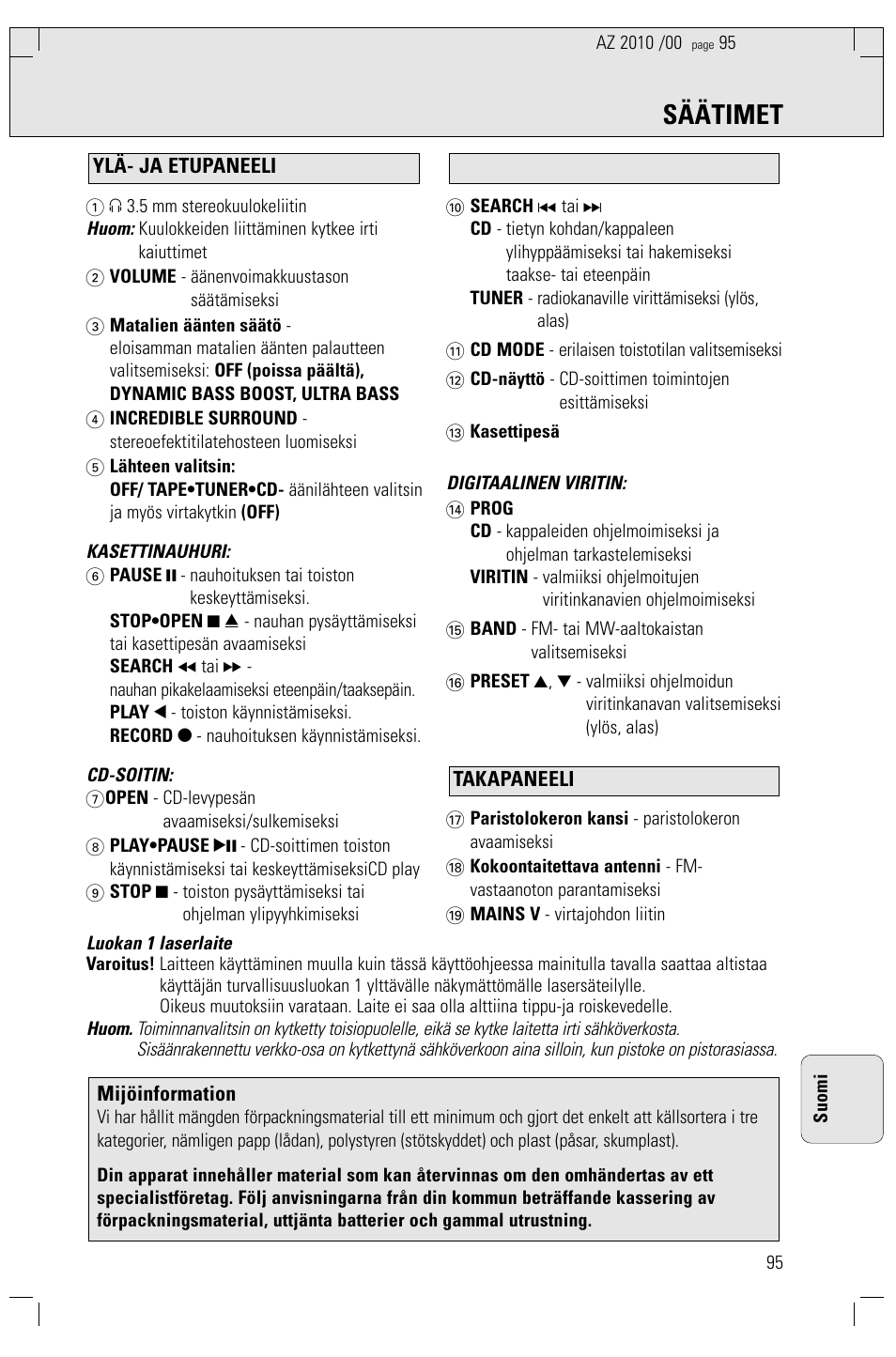 Säätimet | Philips AZ2010-17 User Manual | Page 95 / 115