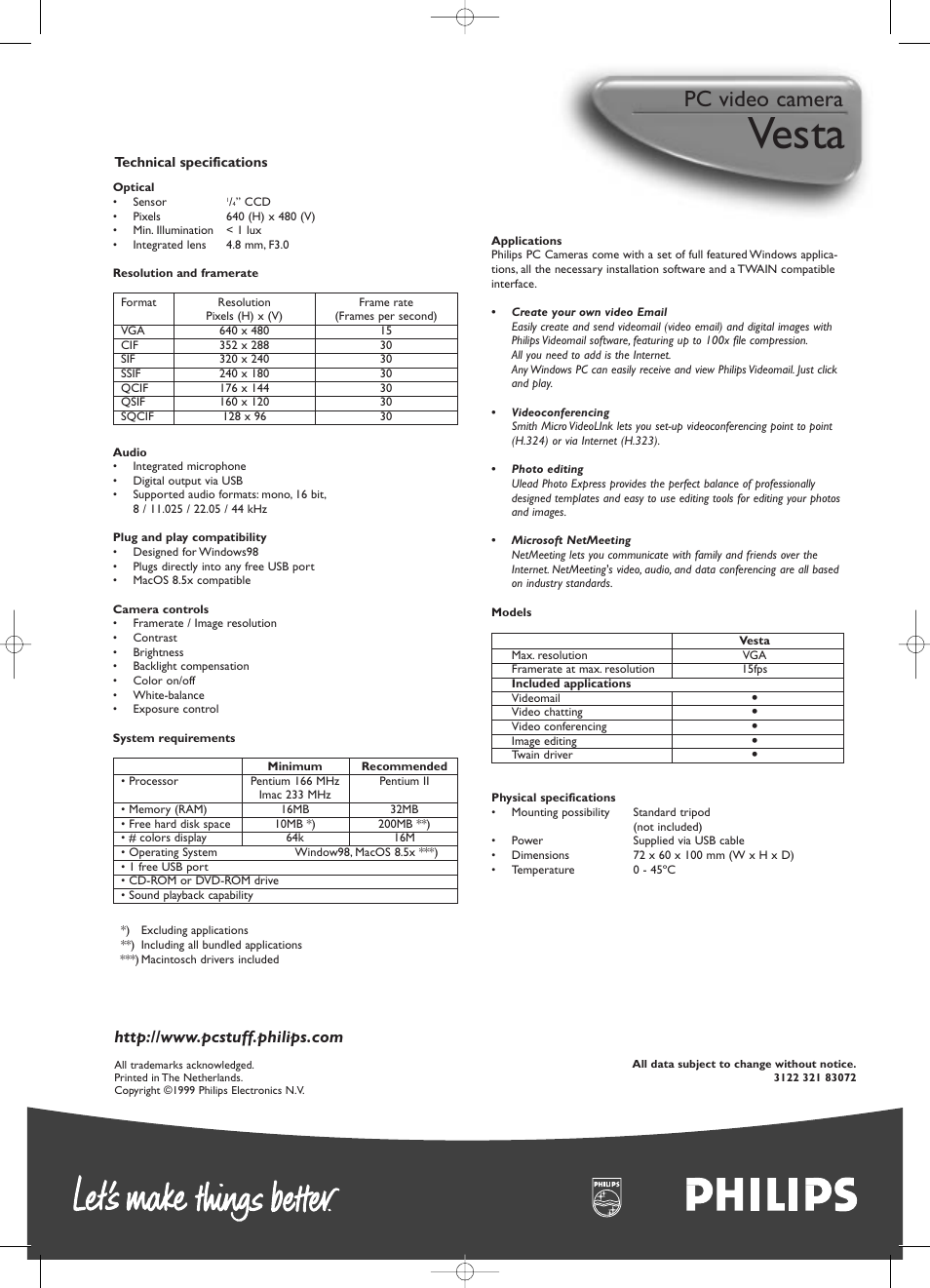 Vesta, Pc video camera | Philips PCVC675K99 User Manual | Page 2 / 2