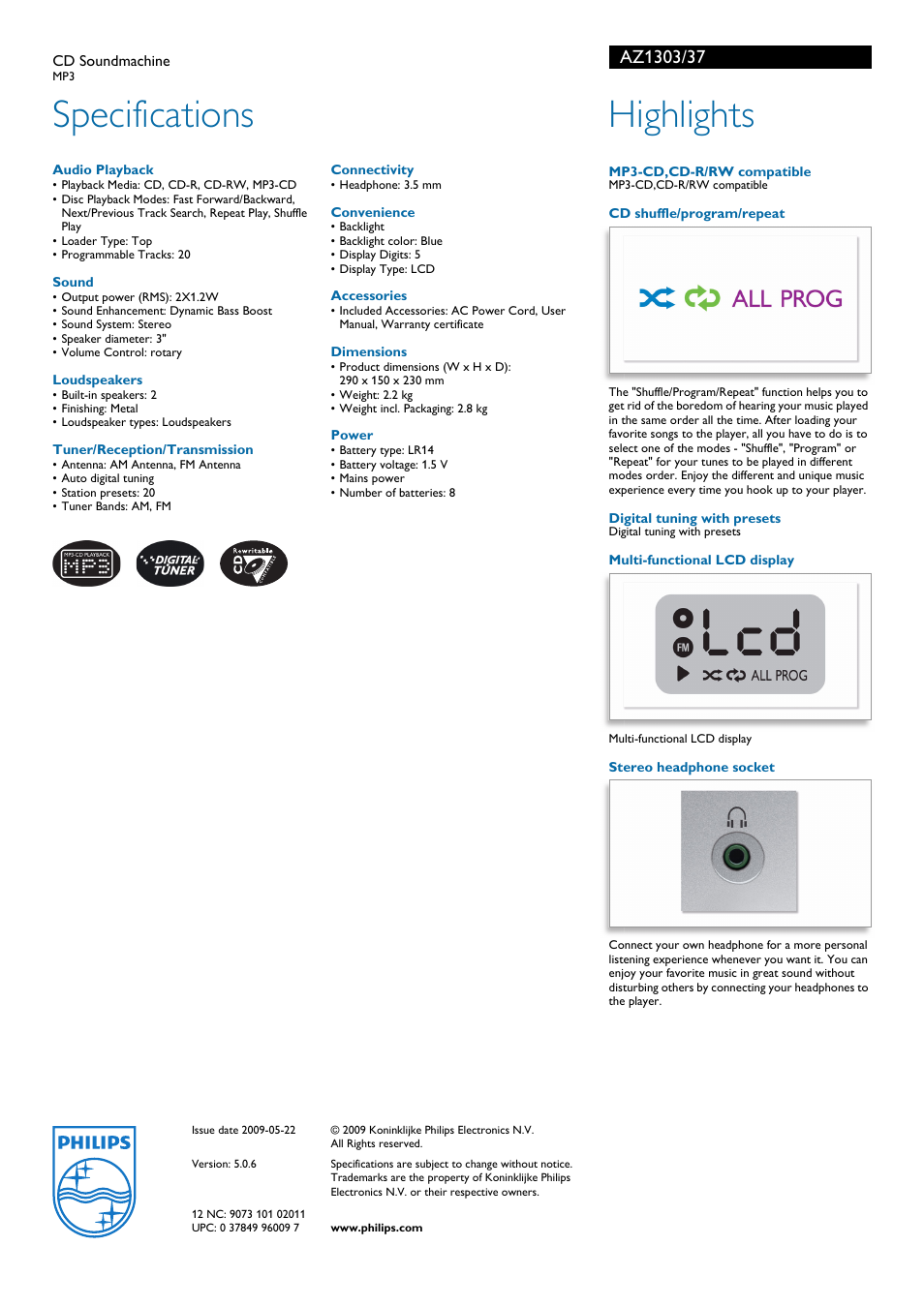 Specifications, Highlights | Philips AZ1303-37 User Manual | Page 2 / 2