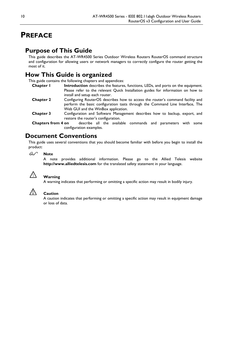 Reface, Purpose of this guide, How this guide is organized | Document conventions | Allied Telesis AT-WR4500 User Manual | Page 10 / 264