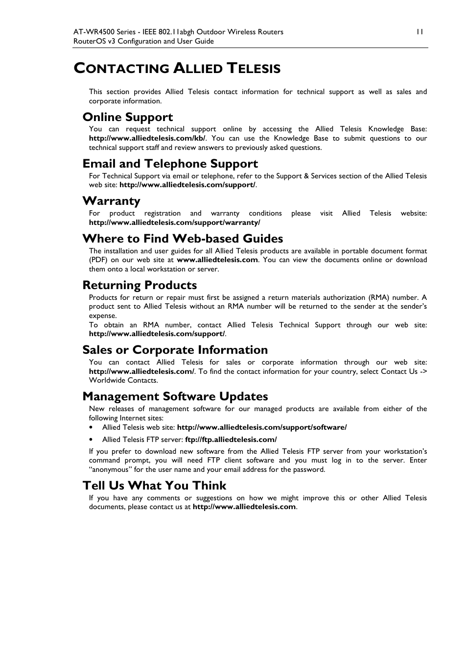 Ontacting, Llied, Elesis | Online support, Email and telephone support, Warranty, Where to find web-based guides, Returning products, Sales or corporate information, Management software updates | Allied Telesis AT-WR4500 User Manual | Page 11 / 264