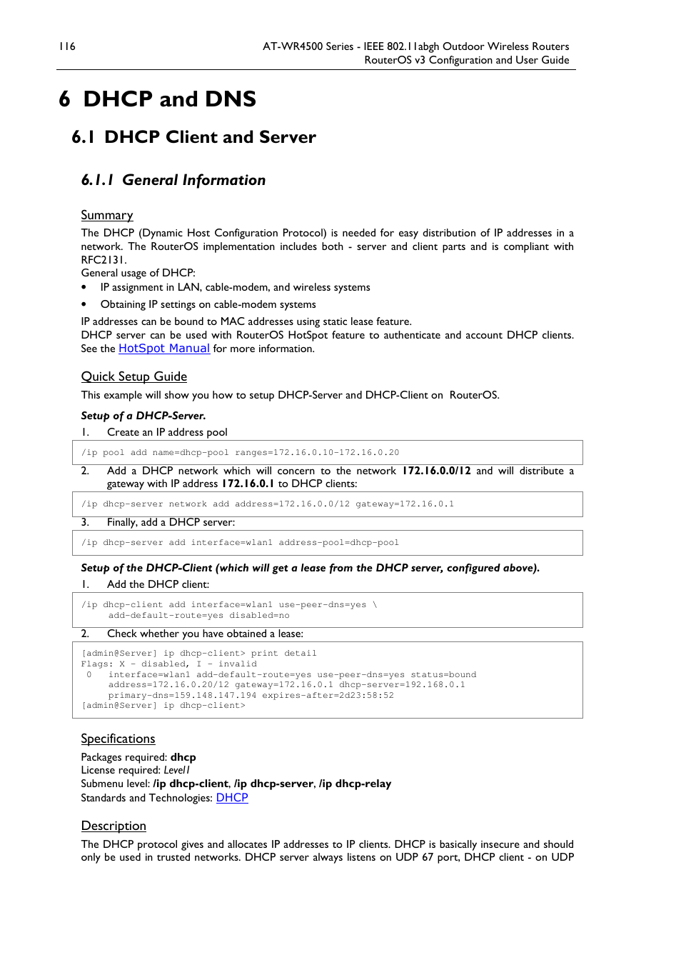 6 dhcp and dns, 1 dhcp client and server, 1 general information | Allied Telesis AT-WR4500 User Manual | Page 116 / 264