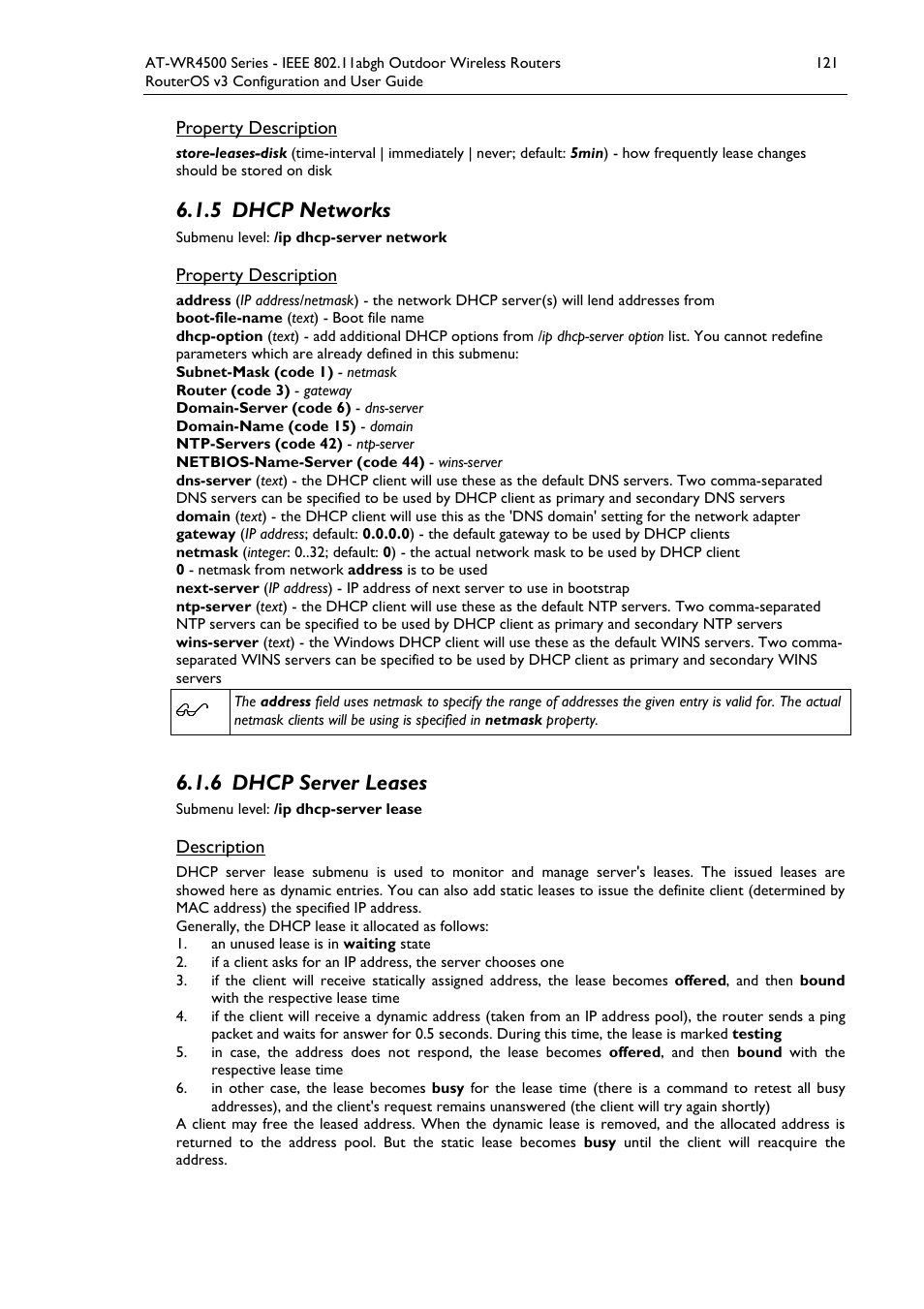 5 dhcp networks, 6 dhcp server leases | Allied Telesis AT-WR4500 User Manual | Page 121 / 264