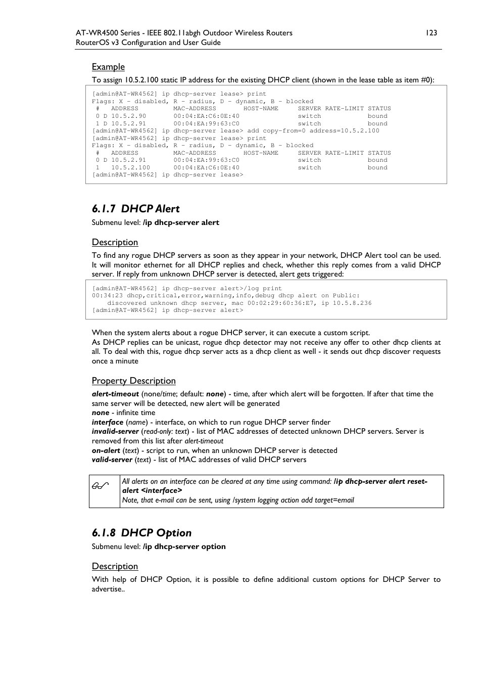 7 dhcp alert, 8 dhcp option | Allied Telesis AT-WR4500 User Manual | Page 123 / 264