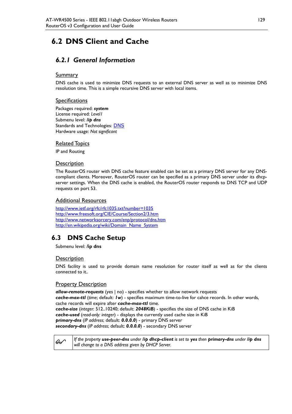2 dns client and cache, 1 general information, 3 dns cache setup | Allied Telesis AT-WR4500 User Manual | Page 129 / 264