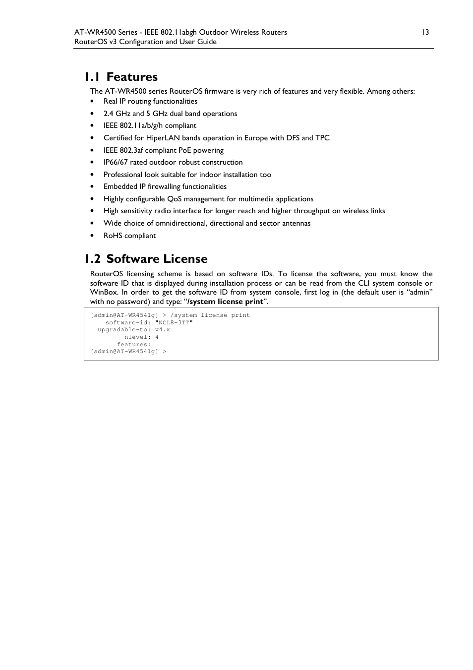1 features, 2 software license | Allied Telesis AT-WR4500 User Manual | Page 13 / 264