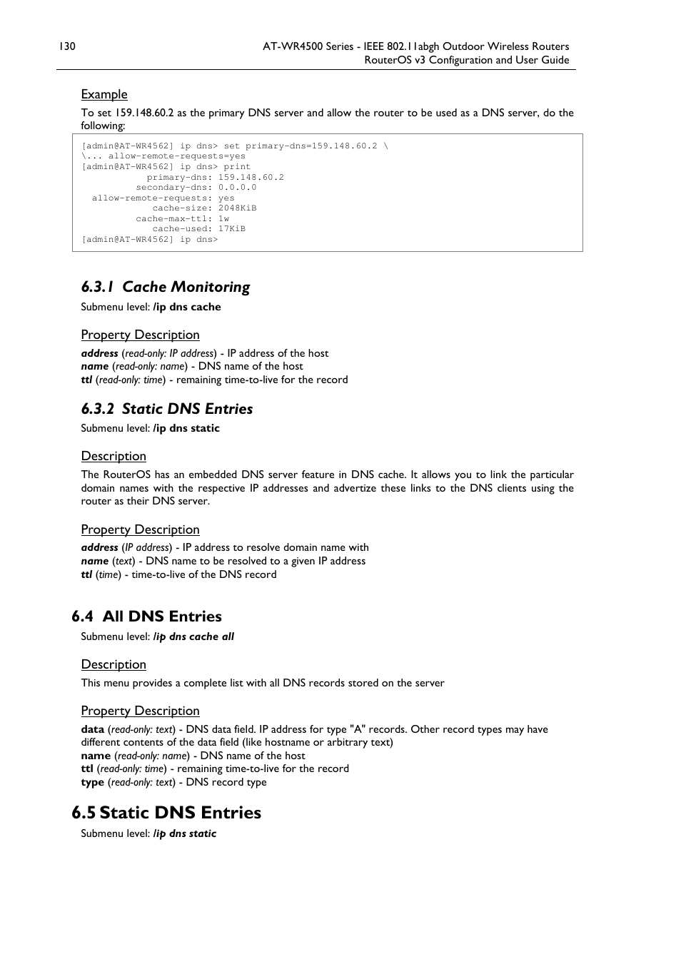 5 static dns entries, 1 cache monitoring, 2 static dns entries | 4 all dns entries | Allied Telesis AT-WR4500 User Manual | Page 130 / 264