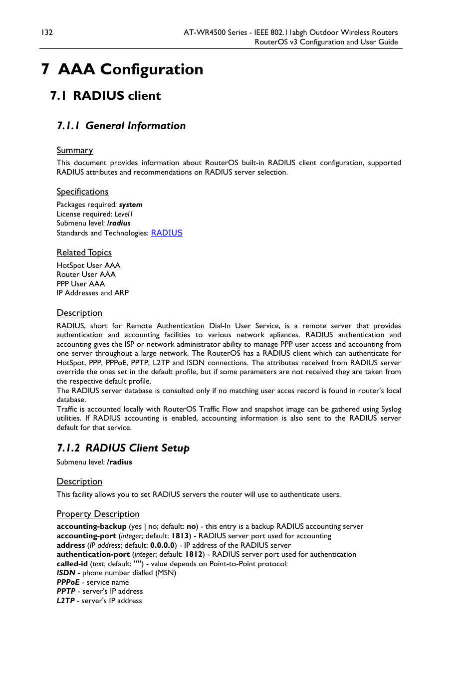 7 aaa configuration, 1 radius client, 1 general information | 2 radius client setup | Allied Telesis AT-WR4500 User Manual | Page 132 / 264