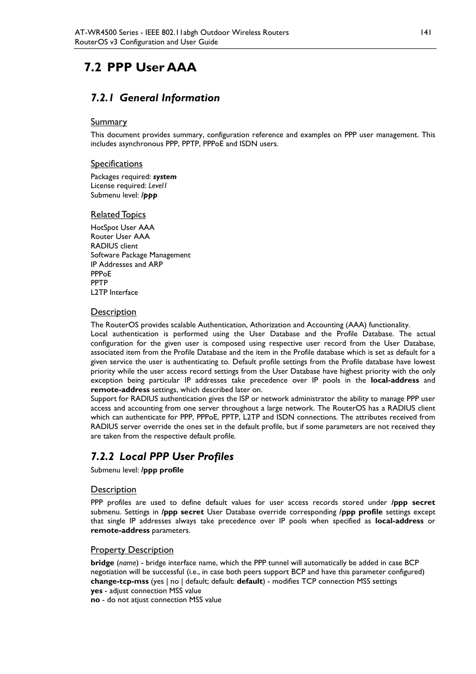 2 ppp user aaa, 1 general information, 2 local ppp user profiles | Allied Telesis AT-WR4500 User Manual | Page 141 / 264