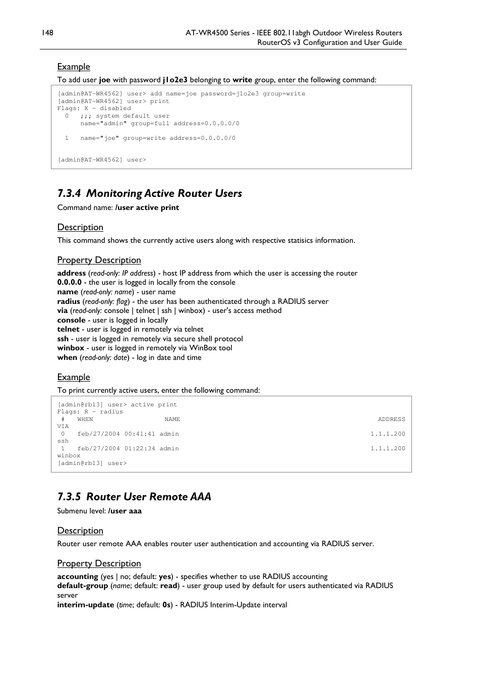 4 monitoring active router users, 5 router user remote aaa | Allied Telesis AT-WR4500 User Manual | Page 148 / 264
