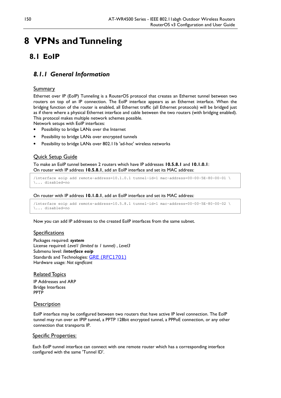 8 vpns and tunneling, 1 eoip, 1 general information | Allied Telesis AT-WR4500 User Manual | Page 150 / 264