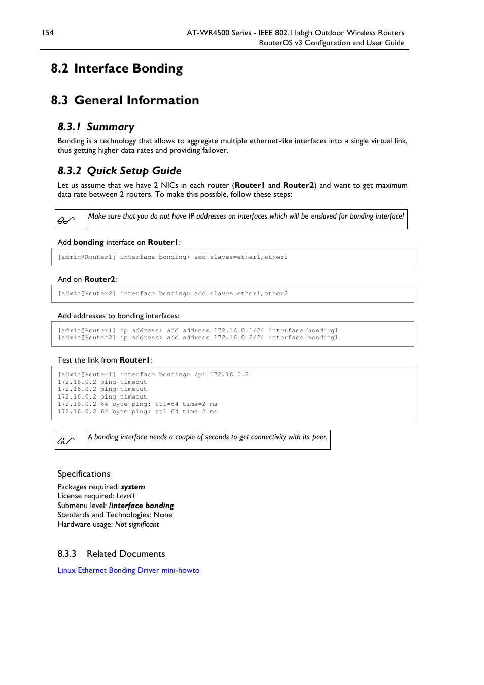 2 interface bonding, 3 general information, 1 summary | 2 quick setup guide | Allied Telesis AT-WR4500 User Manual | Page 154 / 264