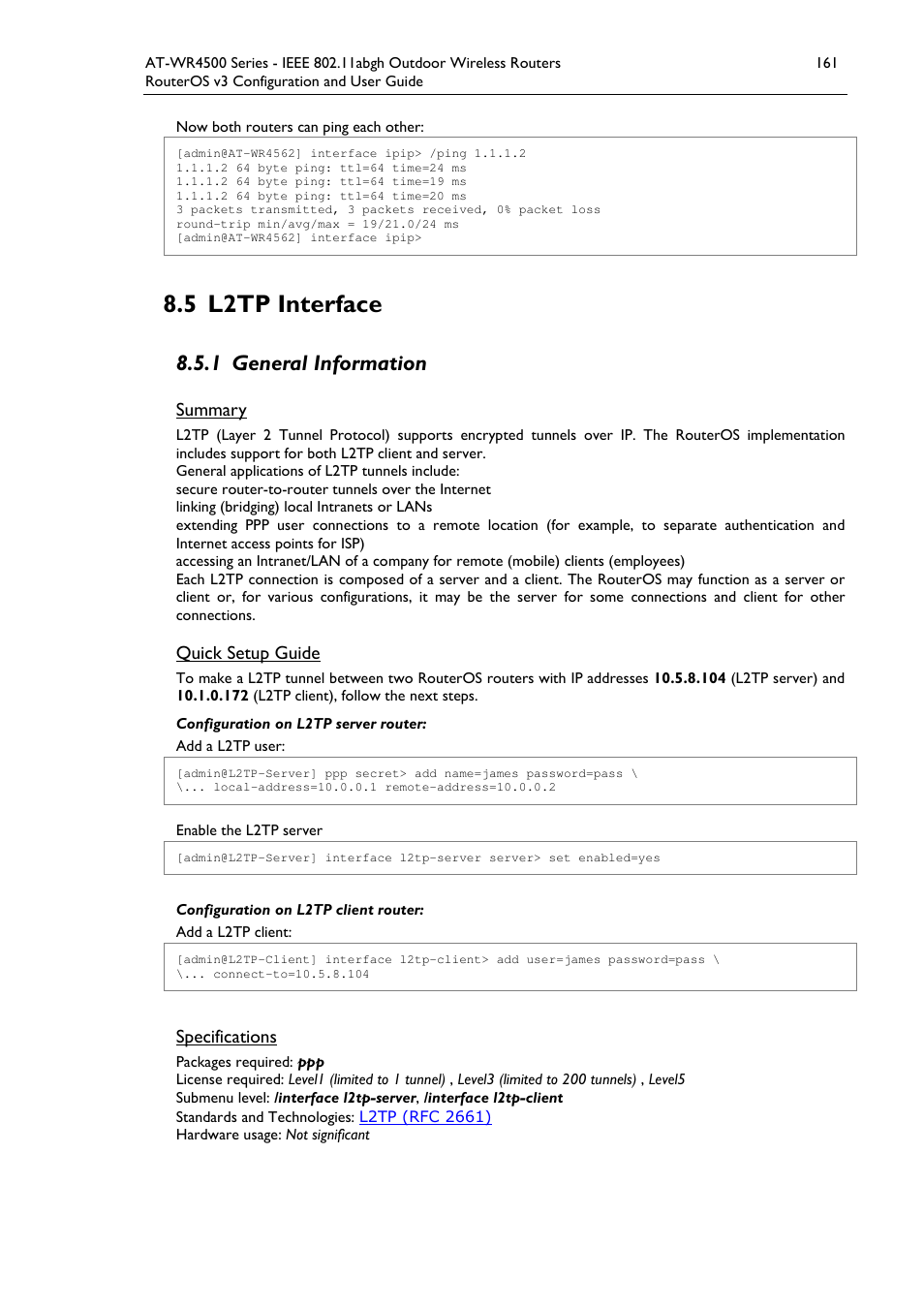 5 l2tp interface, 1 general information | Allied Telesis AT-WR4500 User Manual | Page 161 / 264