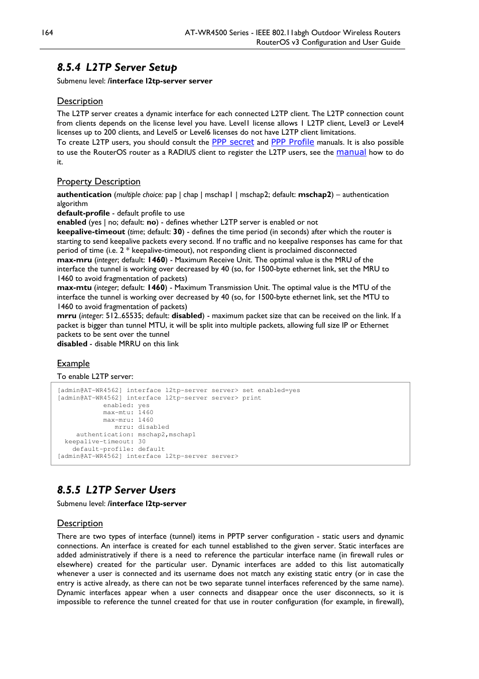 4 l2tp server setup, 5 l2tp server users | Allied Telesis AT-WR4500 User Manual | Page 164 / 264