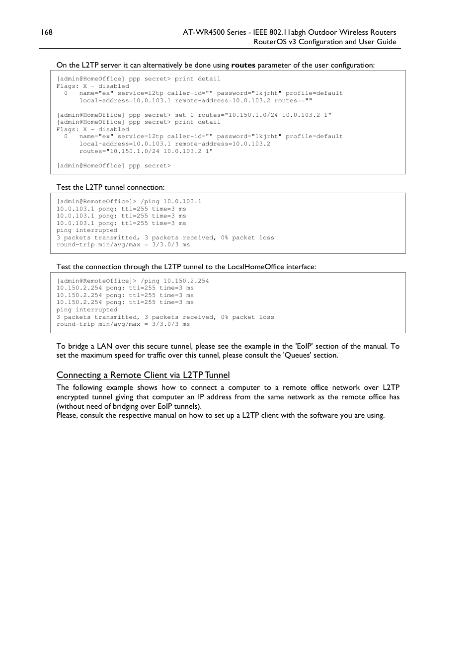 Connecting a remote client via l2tp tunnel | Allied Telesis AT-WR4500 User Manual | Page 168 / 264