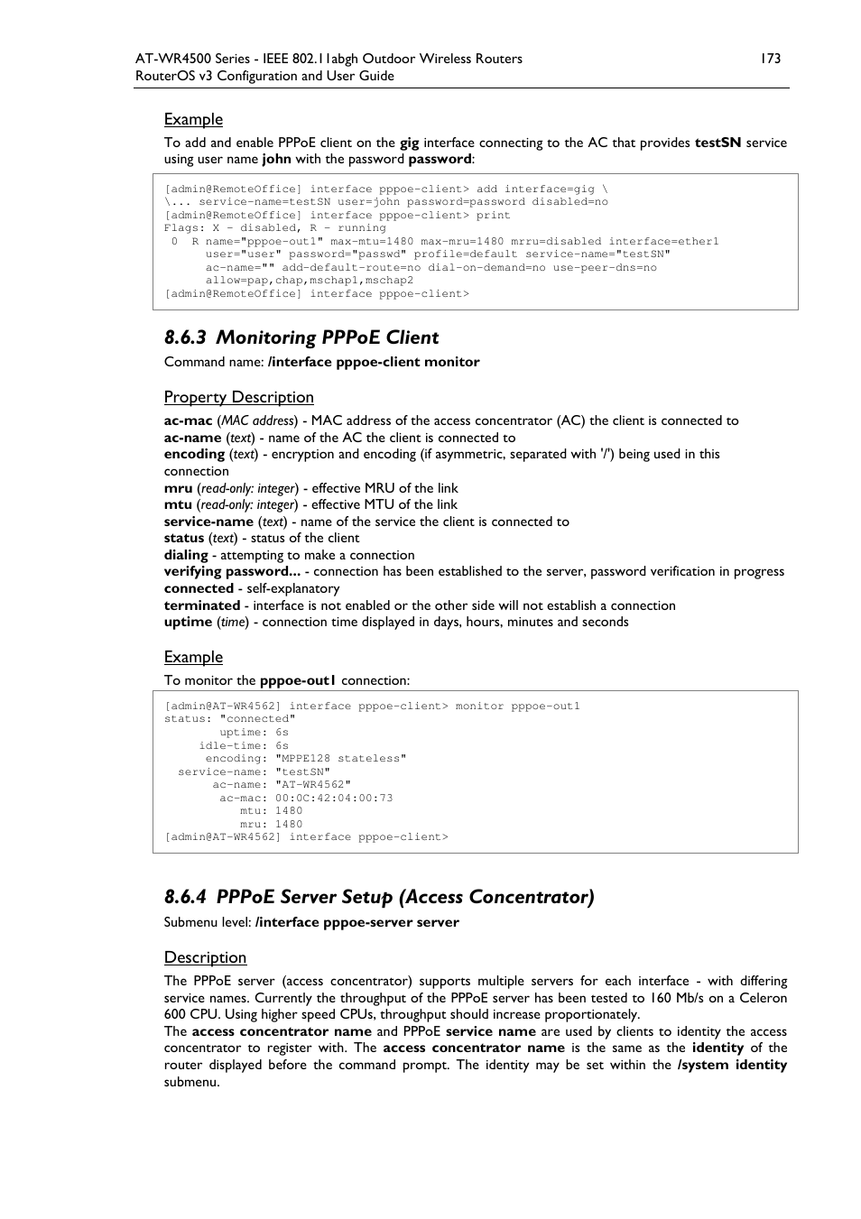 3 monitoring pppoe client, 4 pppoe server setup (access concentrator) | Allied Telesis AT-WR4500 User Manual | Page 173 / 264