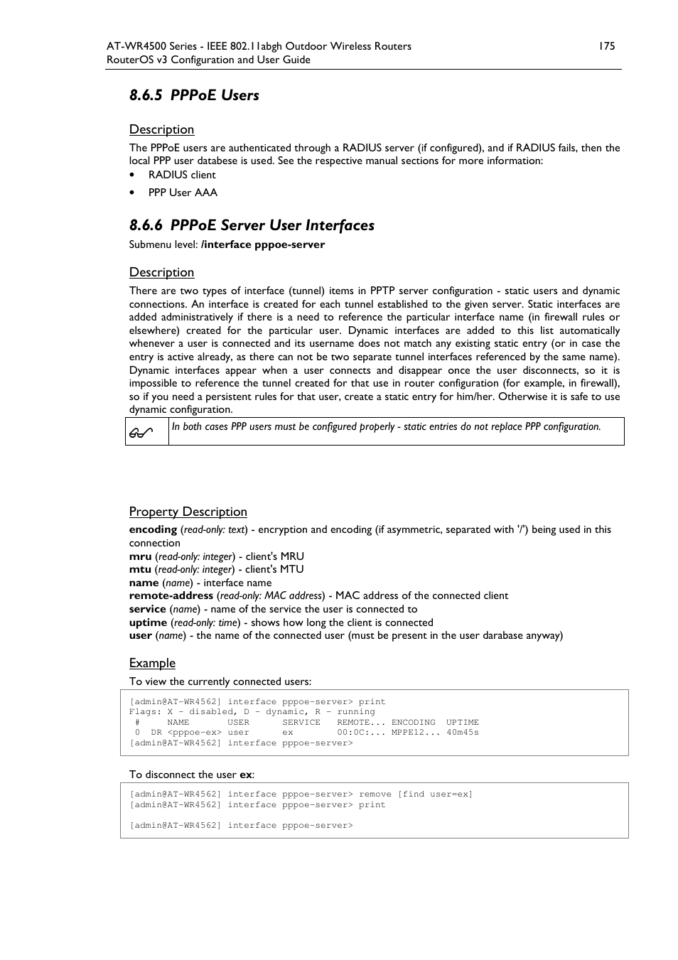 5 pppoe users, 6 pppoe server user interfaces | Allied Telesis AT-WR4500 User Manual | Page 175 / 264