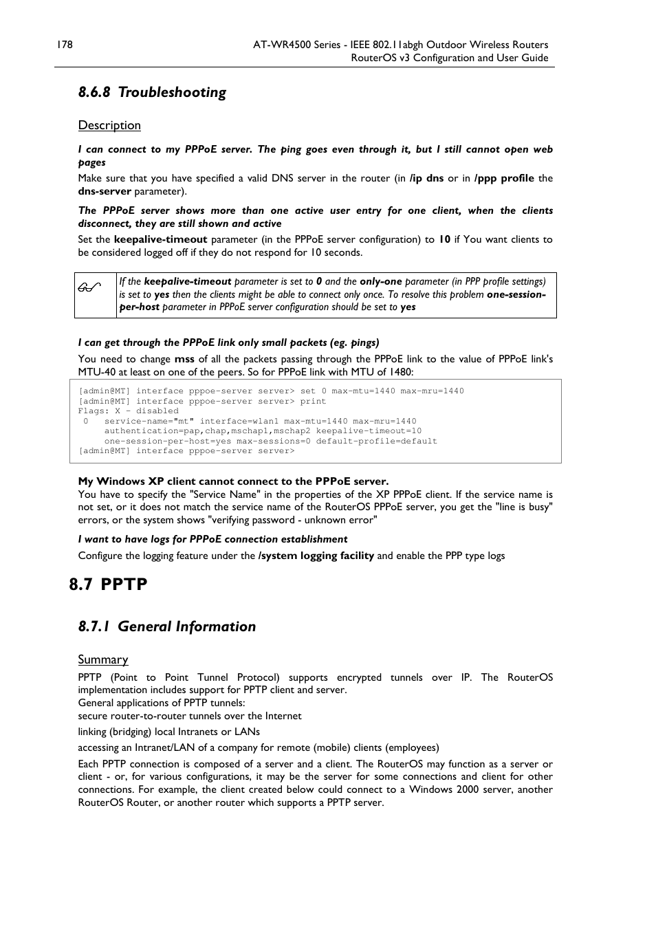 7 pptp, 8 troubleshooting, 1 general information | Allied Telesis AT-WR4500 User Manual | Page 178 / 264