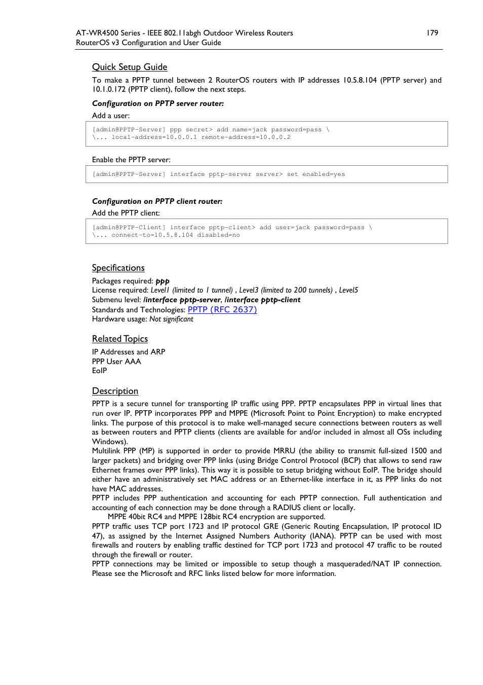 Quick setup guide, Specifications, Related topics | Description | Allied Telesis AT-WR4500 User Manual | Page 179 / 264