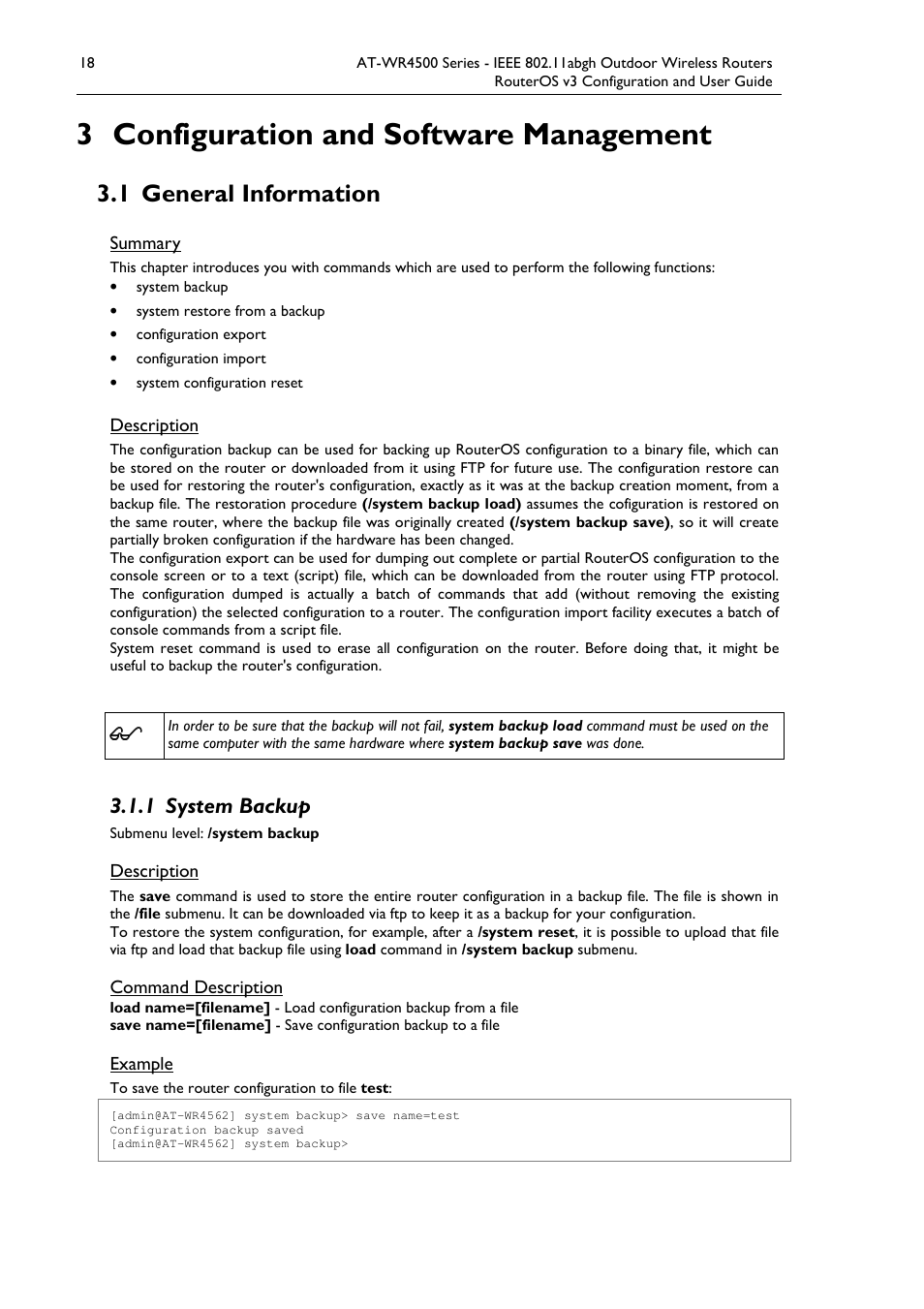 3 configuration and software management, 1 general information, 1 system backup | Allied Telesis AT-WR4500 User Manual | Page 18 / 264