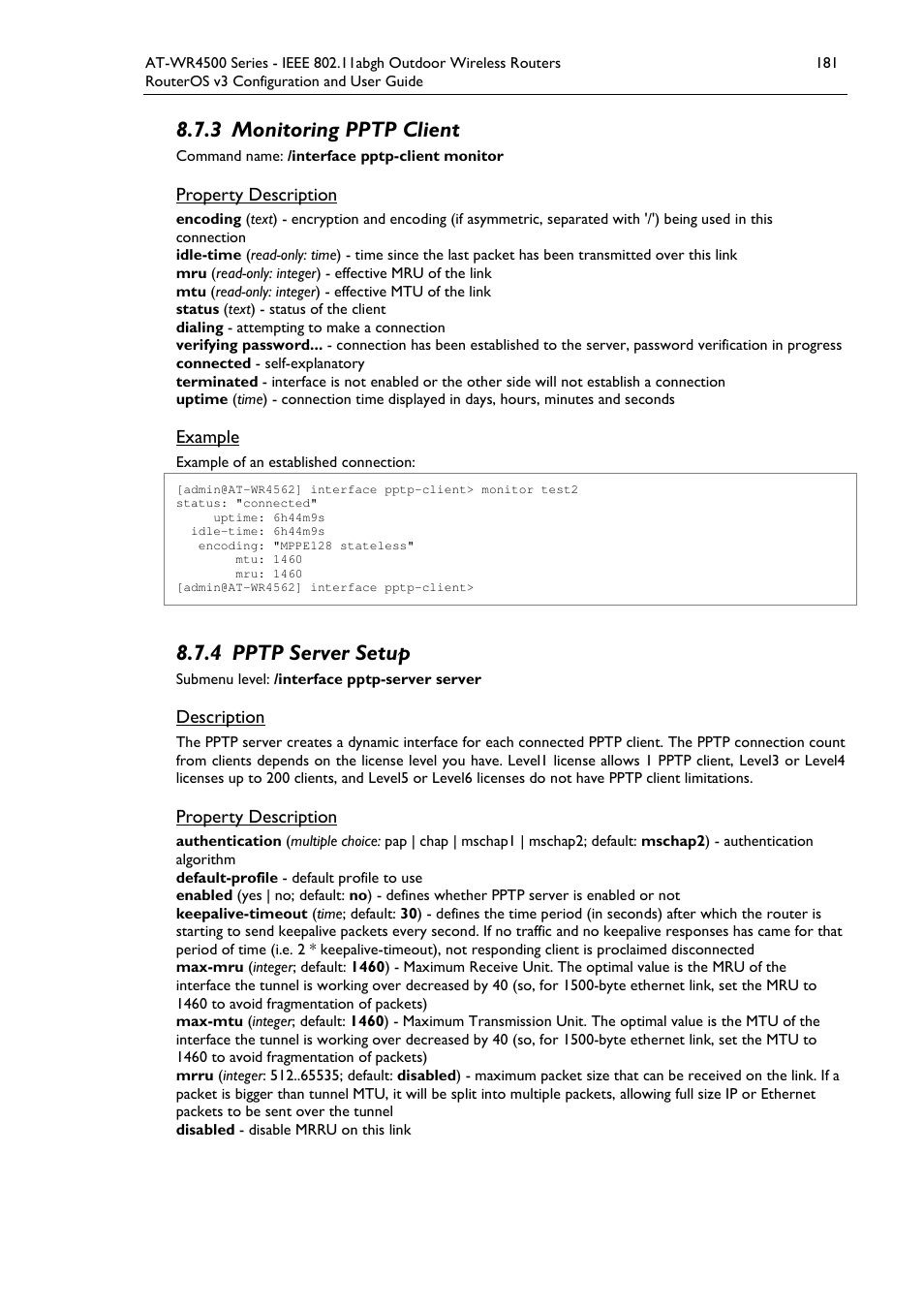 3 monitoring pptp client, 4 pptp server setup | Allied Telesis AT-WR4500 User Manual | Page 181 / 264