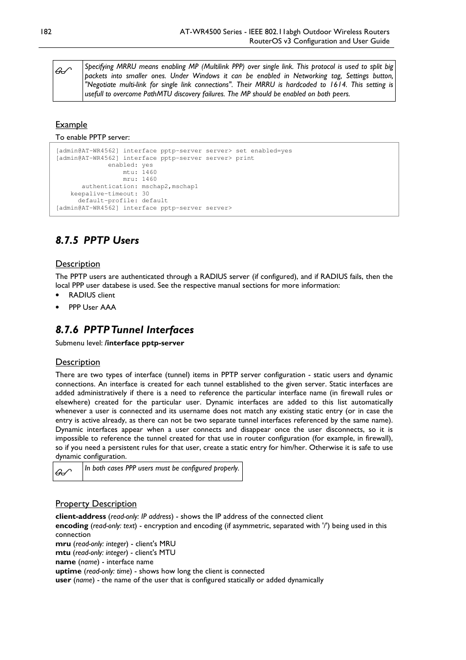 5 pptp users, 6 pptp tunnel interfaces | Allied Telesis AT-WR4500 User Manual | Page 182 / 264