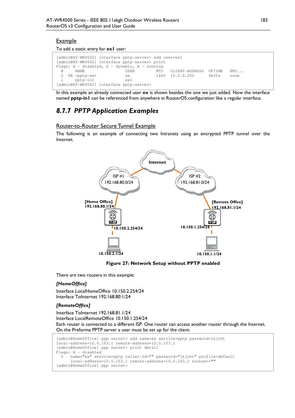 7 pptp application examples, Example, Router-to-router secure tunnel example | Allied Telesis AT-WR4500 User Manual | Page 183 / 264