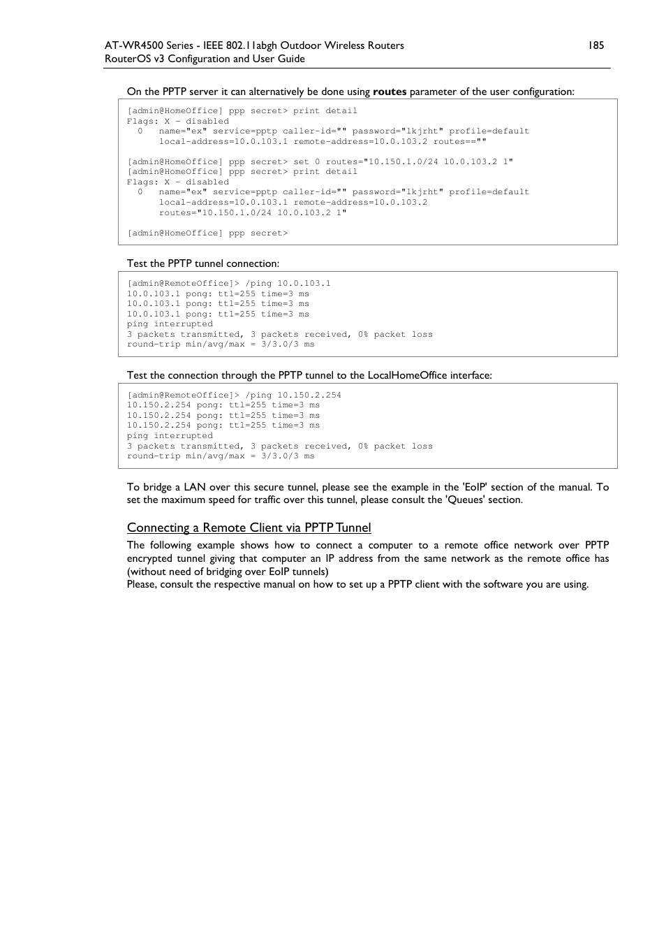 Connecting a remote client via pptp tunnel | Allied Telesis AT-WR4500 User Manual | Page 185 / 264