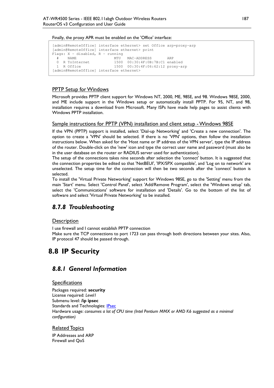 8 ip security, 8 troubleshooting, 1 general information | Allied Telesis AT-WR4500 User Manual | Page 187 / 264