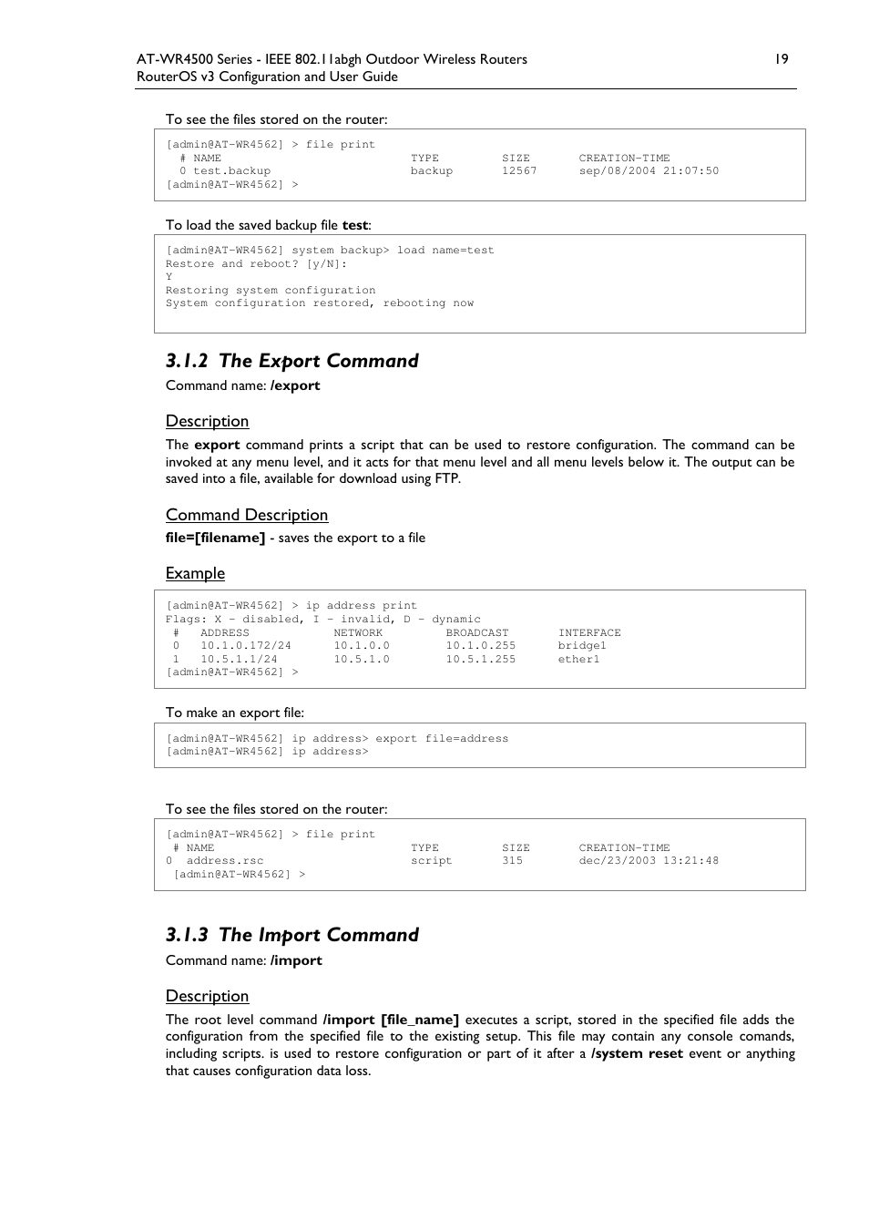 2 the export command, 3 the import command | Allied Telesis AT-WR4500 User Manual | Page 19 / 264