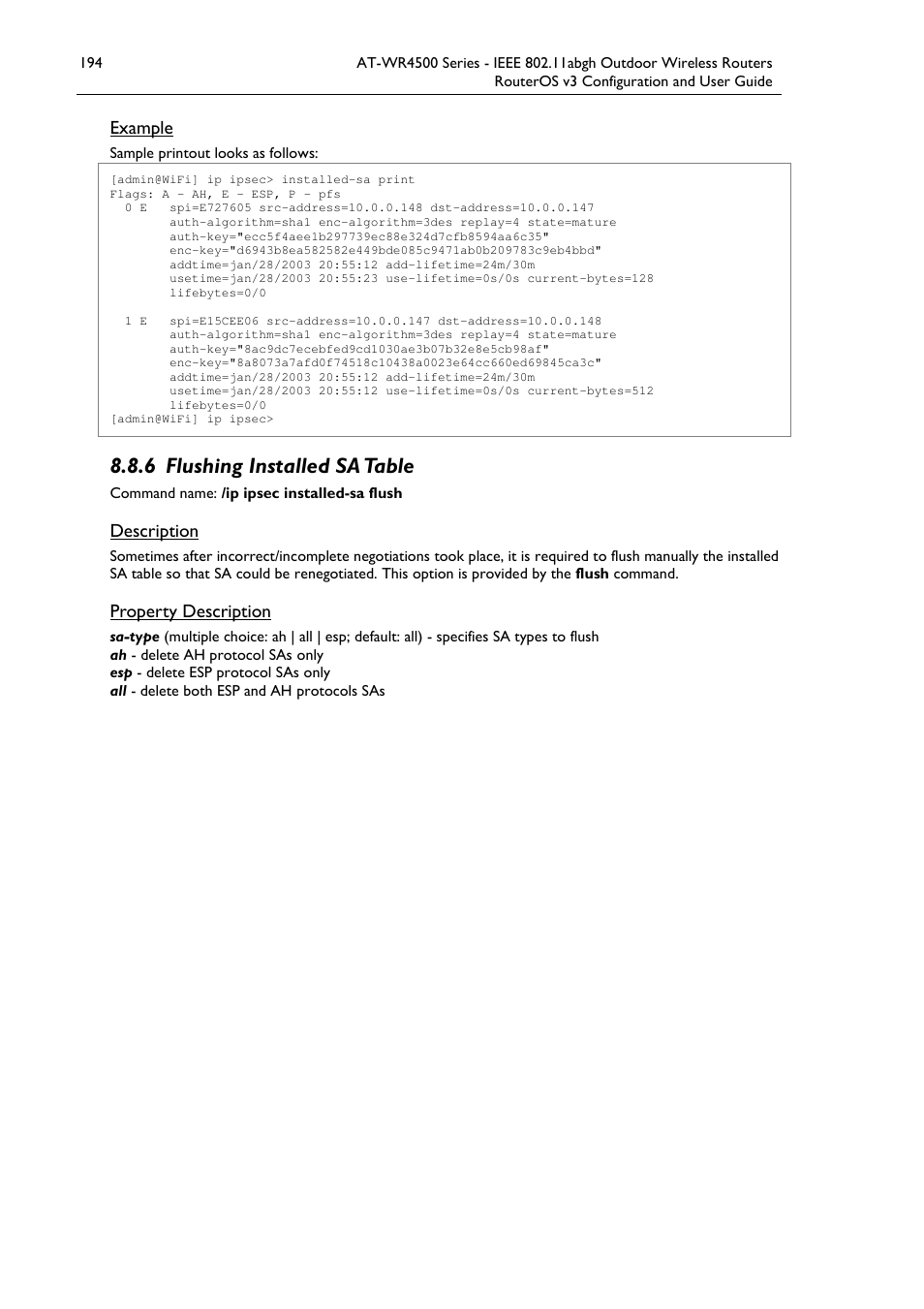 6 flushing installed sa table | Allied Telesis AT-WR4500 User Manual | Page 194 / 264