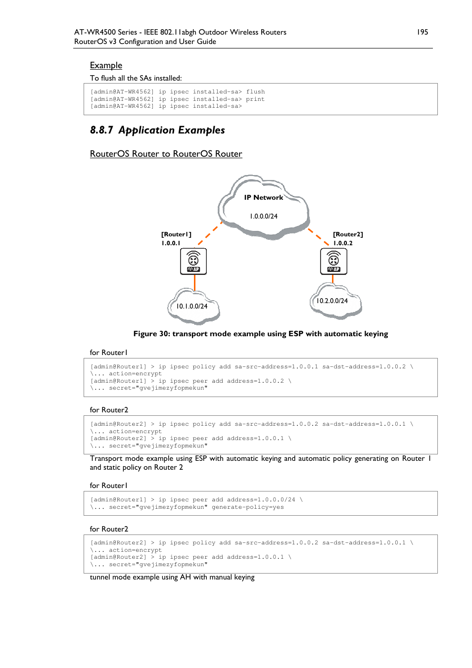 7 application examples, Example, Routeros router to routeros router | Allied Telesis AT-WR4500 User Manual | Page 195 / 264