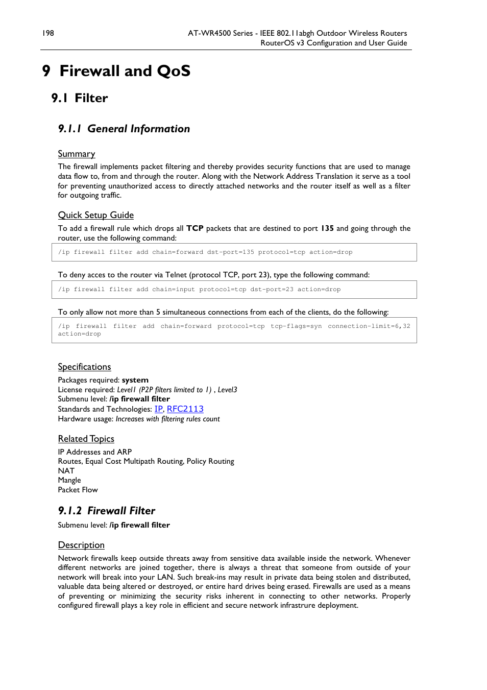 9 firewall and qos, 1 filter, 1 general information | 2 firewall filter | Allied Telesis AT-WR4500 User Manual | Page 198 / 264