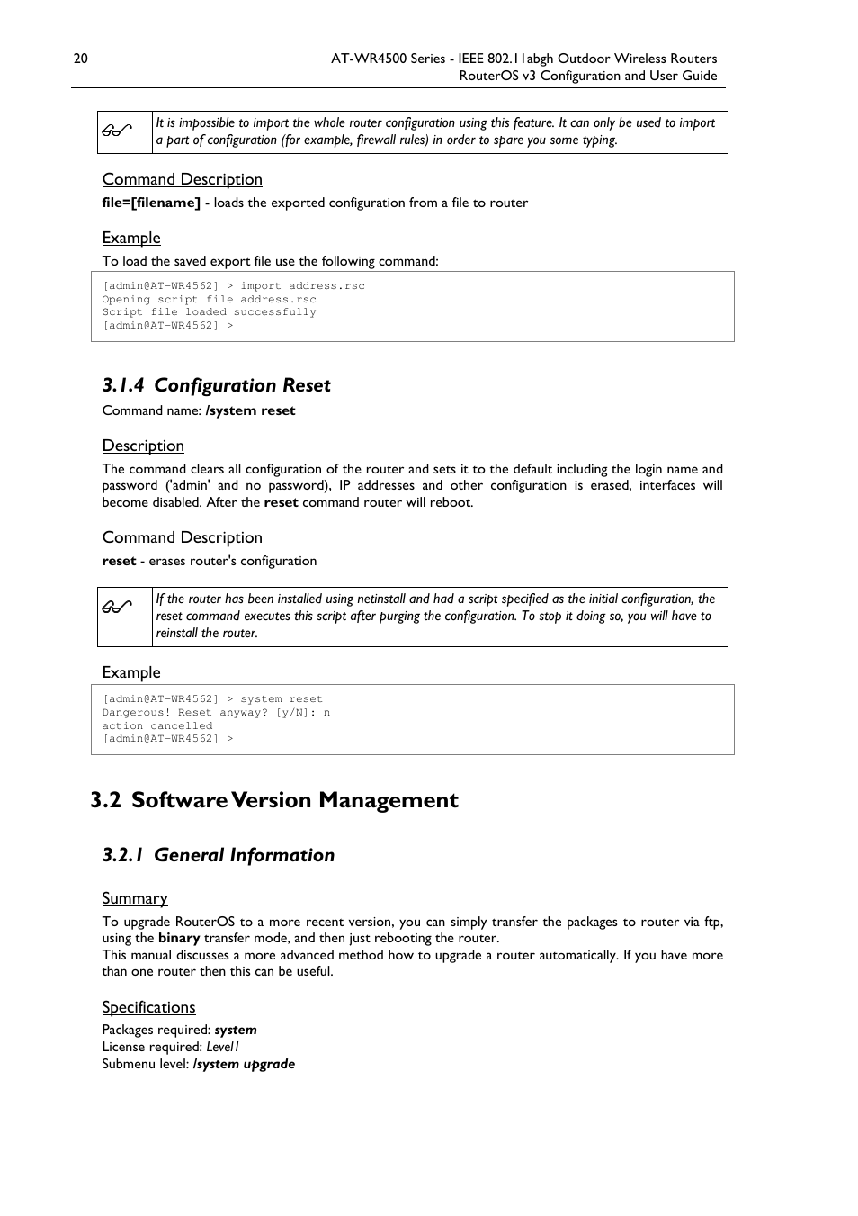 2 software version management, 4 configuration reset, 1 general information | Allied Telesis AT-WR4500 User Manual | Page 20 / 264