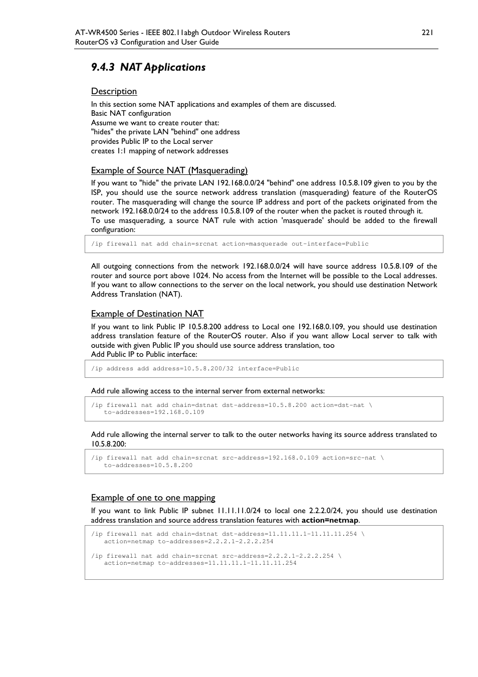 3 nat applications, Description, Example of source nat (masquerading) | Example of destination nat, Example of one to one mapping | Allied Telesis AT-WR4500 User Manual | Page 221 / 264