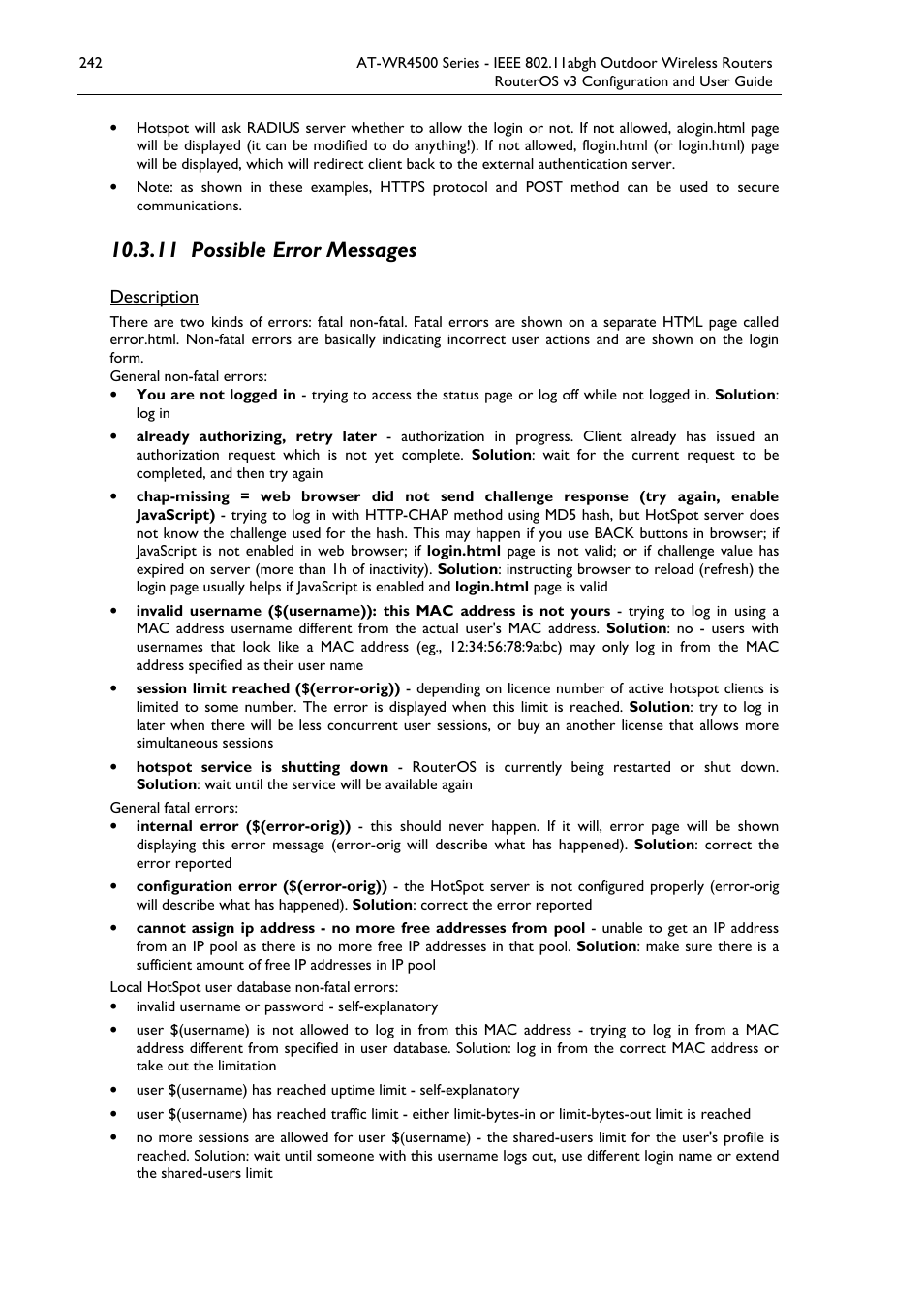 11 possible error messages, Description | Allied Telesis AT-WR4500 User Manual | Page 242 / 264